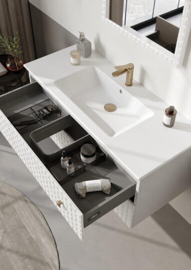 Orka Lipari 120 cm Mat Beyaz Banyo Dolabı Alt Modül Ve Lavabo (Asma-Altın Kulp), 5007298 - 5