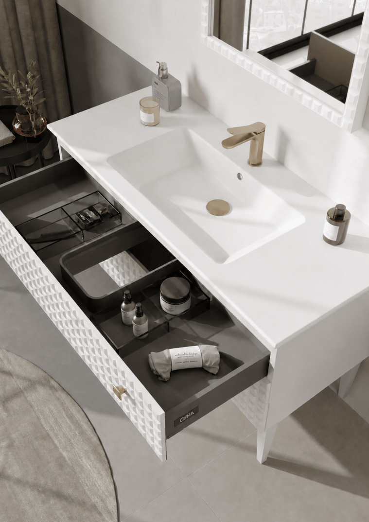 Orka Lipari 120 cm Mat Beyaz Banyo Dolabı Alt Modül Ve Lavabo (Ayaklı-Altın Kulp), 5007336 - 5