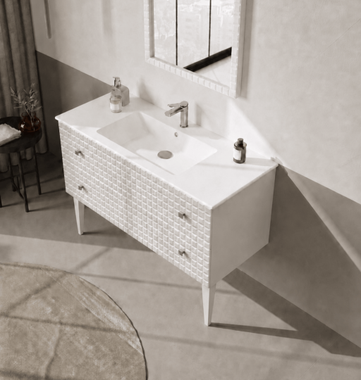 Orka Lipari 120 cm Mat Beyaz Banyo Dolabı Alt Modül Ve Lavabo (Ayaklı-Krom Kulp), 5007339 - 4