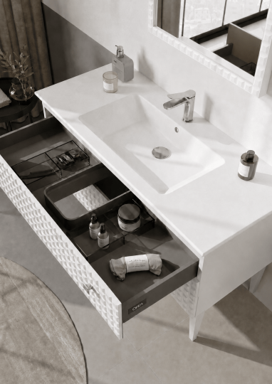 Orka Lipari 120 cm Mat Beyaz Banyo Dolabı Alt Modül Ve Lavabo (Ayaklı-Krom Kulp), 5007339 - 5