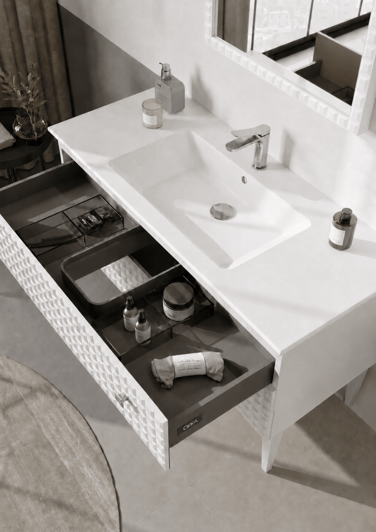 Orka Lipari 120 cm Mat Beyaz Banyo Dolabı Alt Modül Ve Lavabo (Ayaklı-Krom Kulp), 5007339 - 5