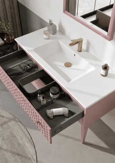 Orka Lipari 120 cm Mat Pudra Banyo Dolabı Alt Modül Ve Lavabo (Ayaklı-Altın Kulp), 5008587 - 5