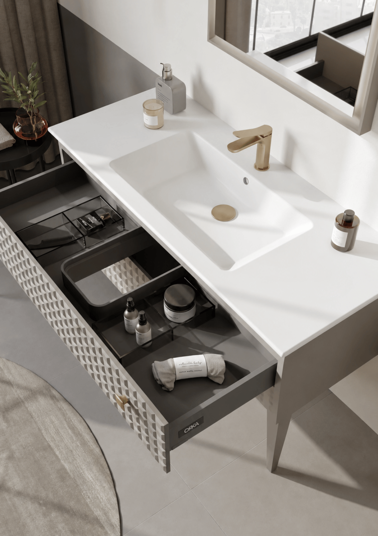 Orka Lipari 120 cm Mat Vizon Banyo Dolabı Alt Modül Ve Lavabo (Ayaklı-Altın Kulp), 5007337 - 5