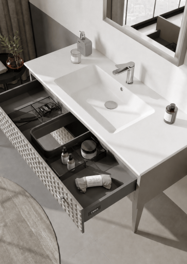 Orka Lipari 120 cm Mat Vizon Banyo Dolabı Alt Modül Ve Lavabo (Ayaklı-Krom Kulp), 5007340 - 5
