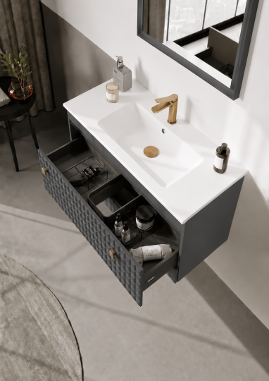 Orka Lipari 80 cm Mat Antrasit Banyo Dolabı Alt Modül Ve Lavabo (Asma-Altın Kulp), 5008977 - 5
