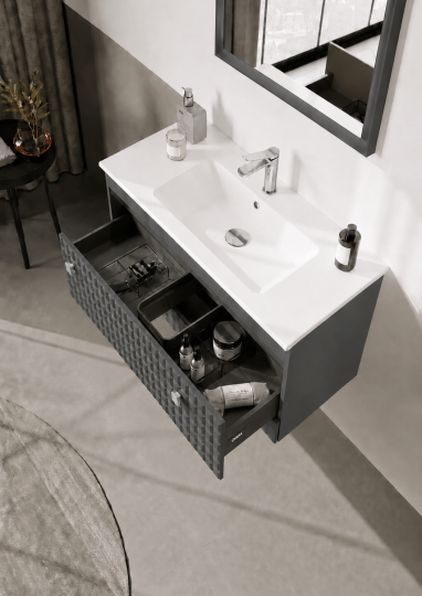 Orka Lipari 80 cm Mat Antrasit Banyo Dolabı Alt Modül Ve Lavabo (Asma-Krom Kulp), 5008983 - 5