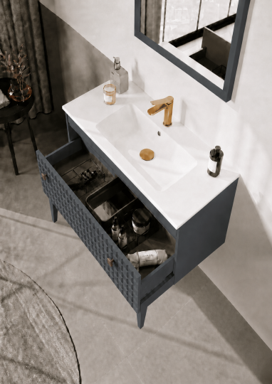 Orka Lipari 80 cm Mat Antrasit Banyo Dolabı Alt Modül Ve Lavabo (Ayaklı-Altın Kulp), 5008989 - 5