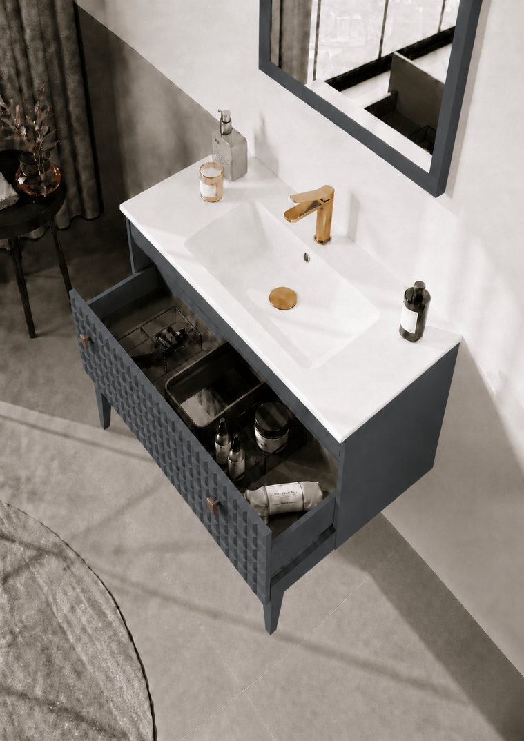Orka Lipari 80 cm Mat Antrasit Banyo Dolabı Alt Modül Ve Lavabo (Ayaklı-Altın Kulp), 5008989 - 5