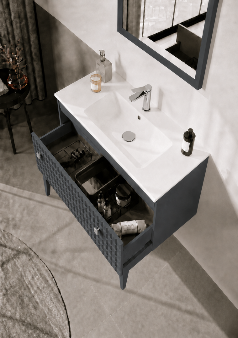 Orka Lipari 80 cm Mat Antrasit Banyo Dolabı Alt Modül Ve Lavabo (Ayaklı-Krom Kulp), 5008992 - 5