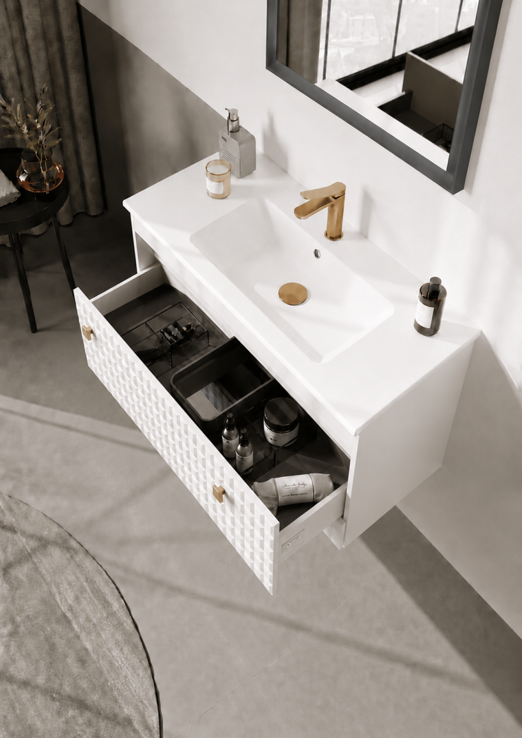 Orka Lipari 80 cm Mat Beyaz Banyo Dolabı Alt Modül Ve Lavabo (Asma-Altın Kulp), 5008975 - 5