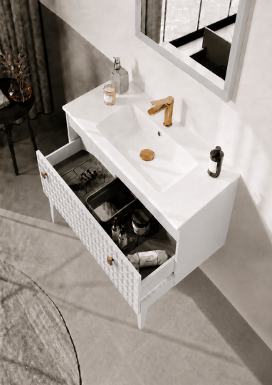 Orka Lipari 80 cm Mat Beyaz Banyo Dolabı Alt Modül Ve Lavabo (Ayaklı-Altın Kulp), 5008993 - 5
