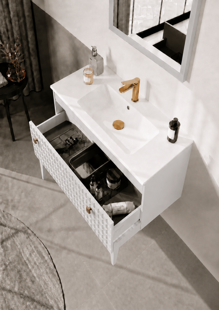 Orka Lipari 80 cm Mat Beyaz Banyo Dolabı Alt Modül Ve Lavabo (Ayaklı-Altın Kulp), 5008993 - 5