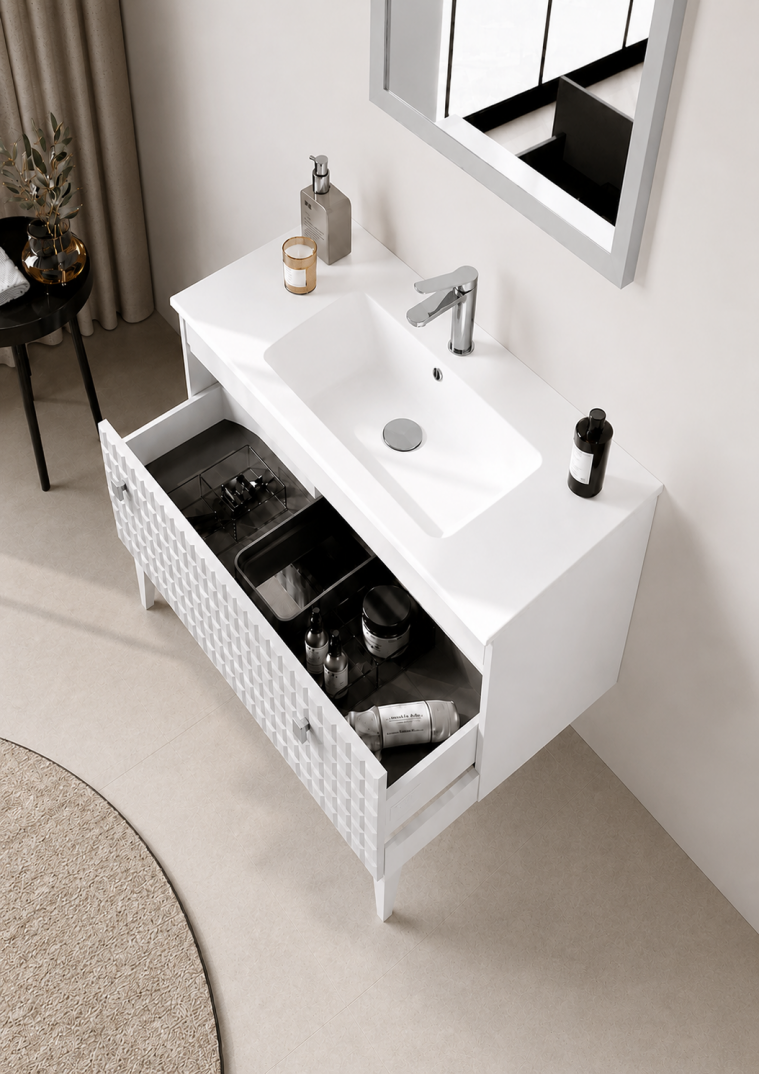 Orka Lipari 80 cm Mat Beyaz Banyo Dolabı Alt Modül Ve Lavabo (Ayaklı-Krom Kulp), 5008990 - 5