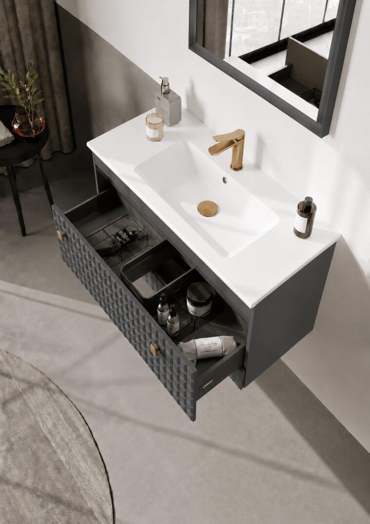 Orka Lipari 80 cm Mat Pudra Banyo Dolabı Alt Modül Ve Lavabo (Asma-Altın Kulp), 5009002 - 6