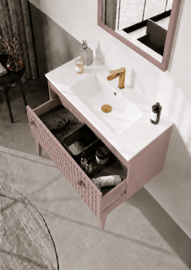 Orka Lipari 80 cm Mat Pudra Banyo Dolabı Alt Modül Ve Lavabo (Ayaklı-Altın Kulp), 5008999 - 5