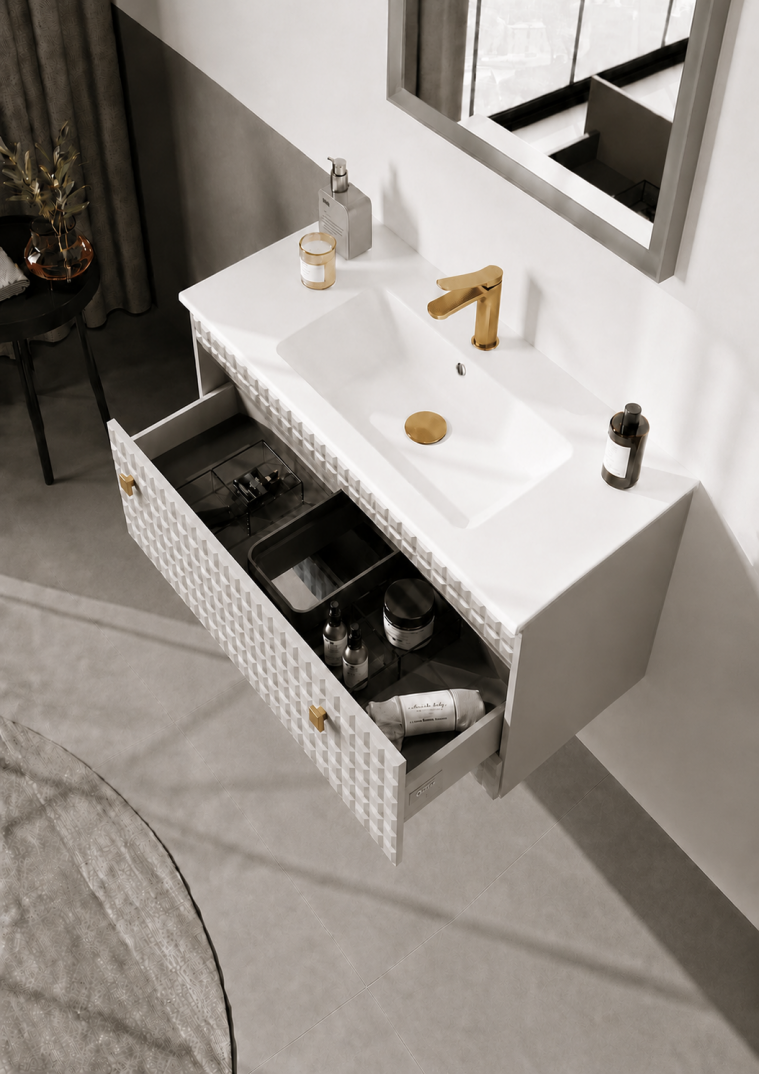 Orka Lipari 80 cm Mat Vizon Banyo Dolabı Alt Modül Ve Lavabo (Asma-Altın Kulp), 5008976 - 5
