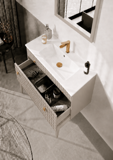 Orka Lipari 80 cm Mat Vizon Banyo Dolabı Alt Modül Ve Lavabo (Ayaklı-Altın Kulp), 5008988 - 5