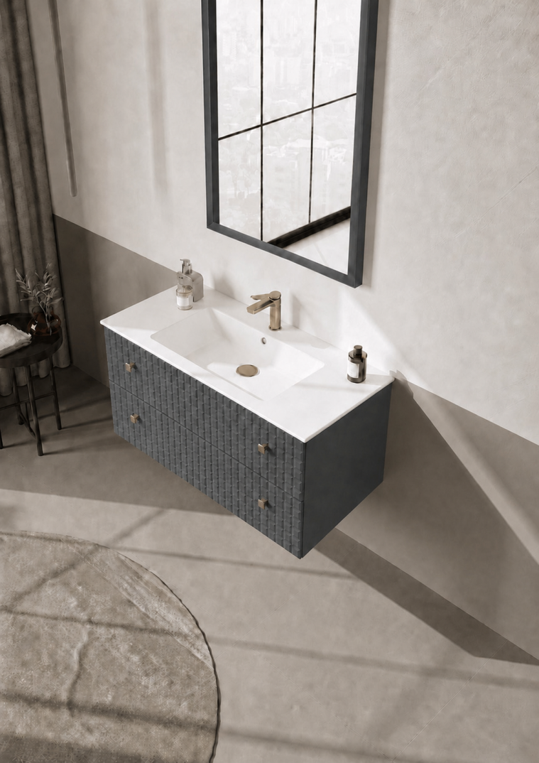 Orka Lipari Asma Banyo Dolabı Takımı, 100 cm, Mat Antrasit Lake (Altın Kulp-Ledli Ayna), 5007307 - 4