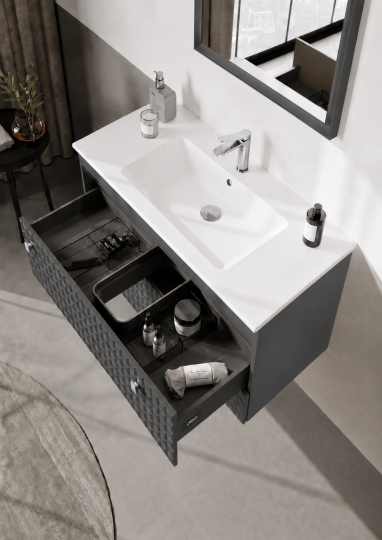 Orka Lipari Asma Banyo Dolabı Takımı, 100 cm, Mat Antrasit Lake (Krom Kulp-Ledli Ayna), 5007322 - 5
