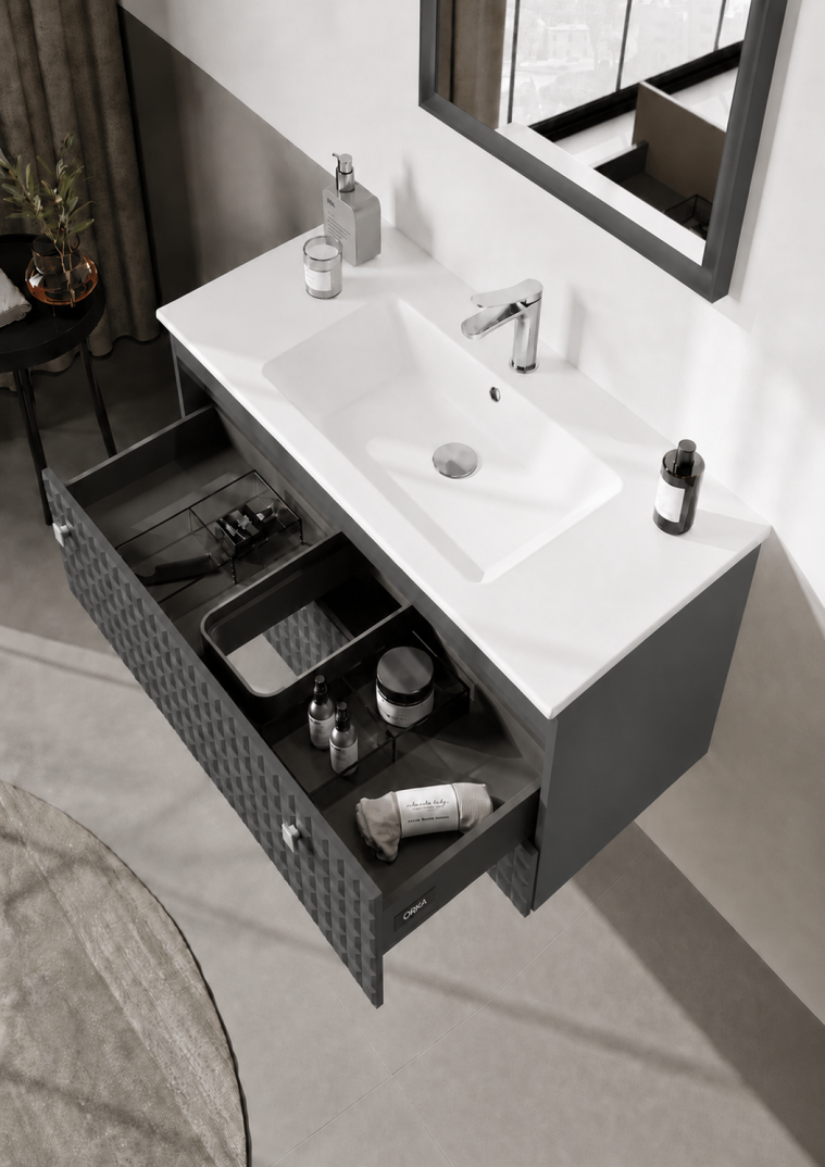 Orka Lipari Asma Banyo Dolabı Takımı, 100 cm, Mat Antrasit Lake (Krom Kulp-Ledli Ayna), 5007322 - 5