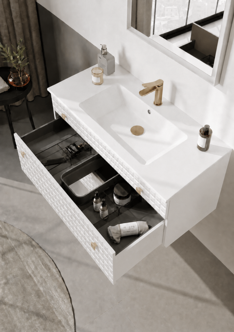 Orka Lipari Asma Banyo Dolabı Takımı, 100 cm, Mat Beyaz Lake (Altın Kulp-Ledli Ayna), 5007304 - 5