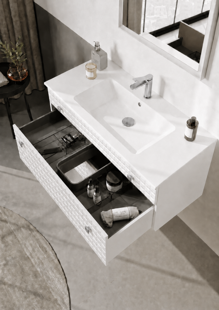 Orka Lipari Asma Banyo Dolabı Takımı, 100 cm, Mat Beyaz Lake (Krom Kulp-Ledli Ayna), 5007320 - 5