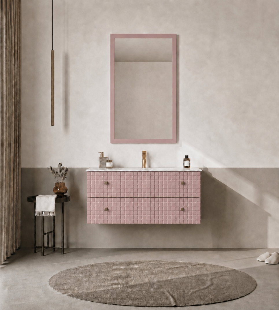 Orka Lipari Asma Banyo Dolabı Takımı, 100 cm, Mat Pudra Lake (Altın Kulp-Ledli Ayna), 5008585 - 1
