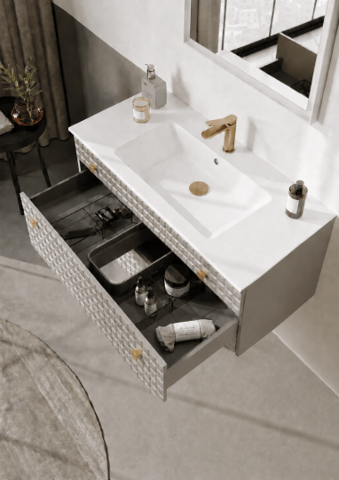 Orka Lipari Asma Banyo Dolabı Takımı, 100 cm, Mat Vizon Lake (Altın Kulp-Ledli Ayna), 5007305 - 5