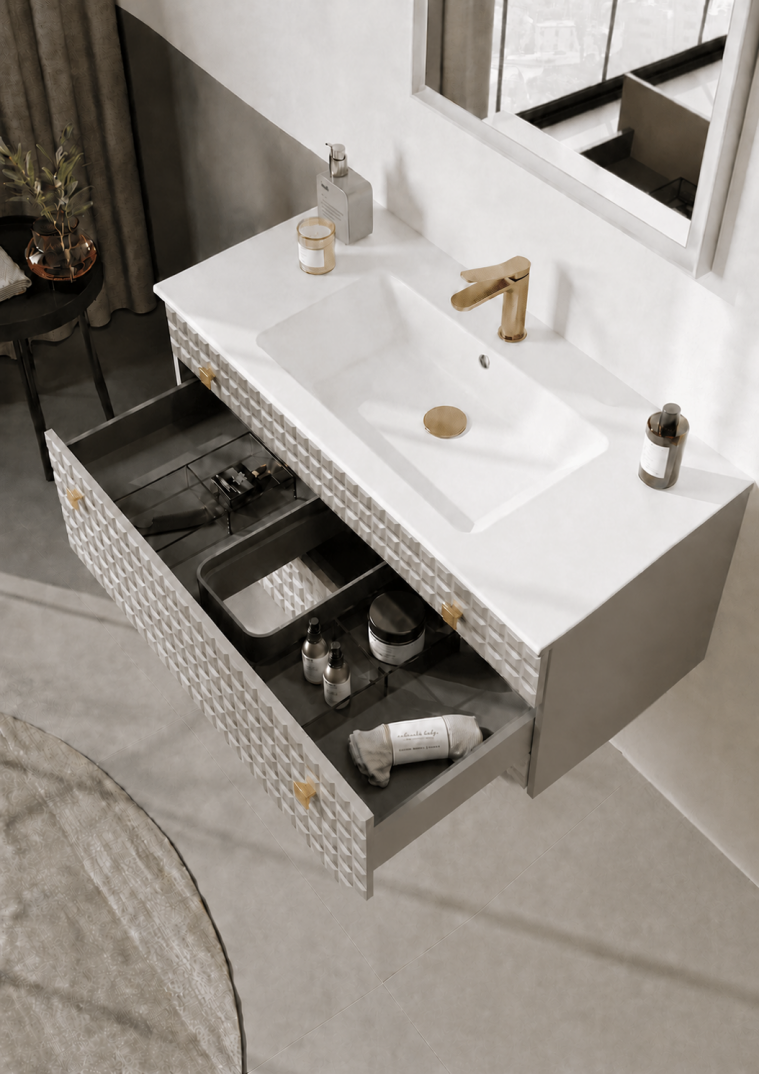 Orka Lipari Asma Banyo Dolabı Takımı, 100 cm, Mat Vizon Lake (Altın Kulp-Ledli Ayna), 5007305 - 5
