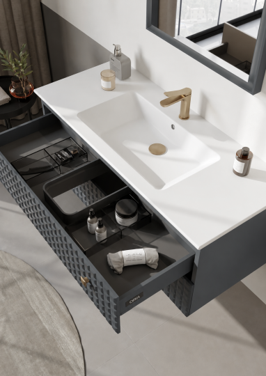 Orka Lipari Asma Banyo Dolabı Takımı, 120 cm, Mat Antrasit Lake (Altın Kulp-Ledli Ayna), 5007310 - 5