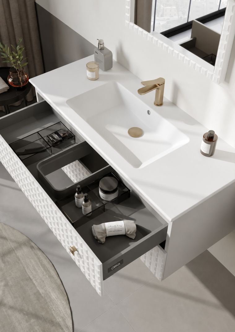 Orka Lipari Asma Banyo Dolabı Takımı, 120 cm, Mat Beyaz Lake (Altın Kulp-Ledli Ayna), 5007308 - 5