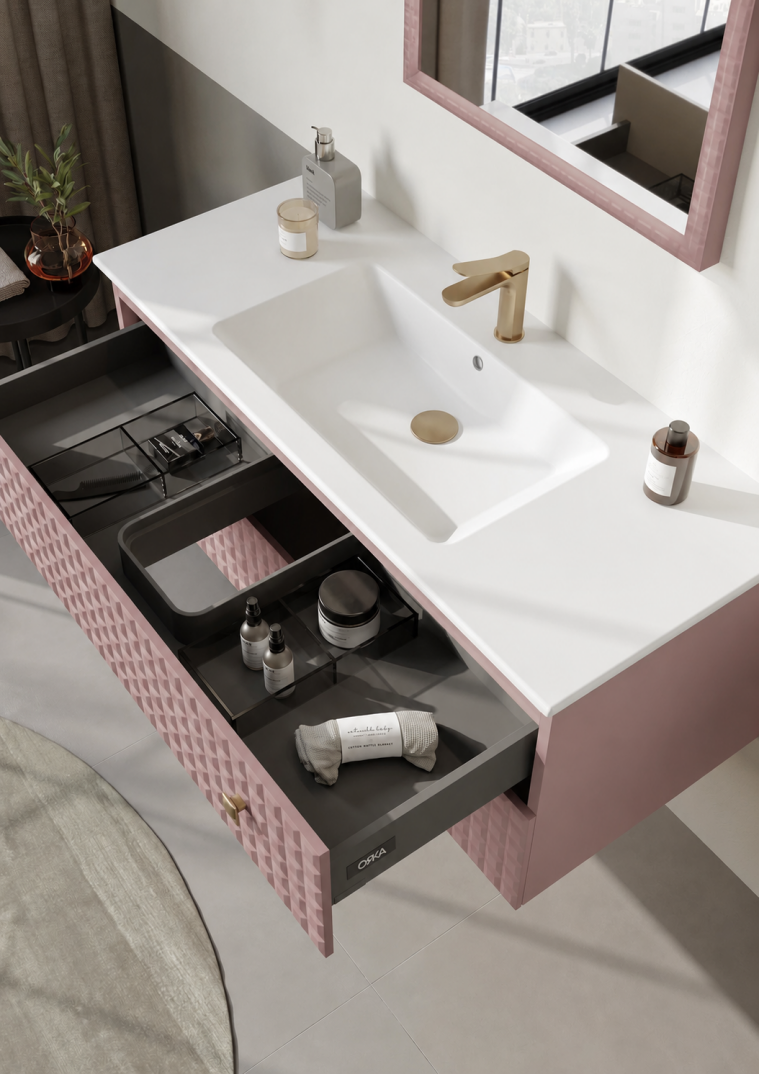 Orka Lipari Asma Banyo Dolabı Takımı, 120 cm, Mat Pudra Lake (Altın Kulp-Ledli Ayna), 5008593 - 5