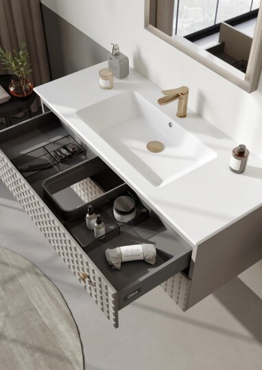 Orka Lipari Asma Banyo Dolabı Takımı, 120 cm, Mat Vizon Lake (Altın Kulp-Ledli Ayna), 5007309 - 5