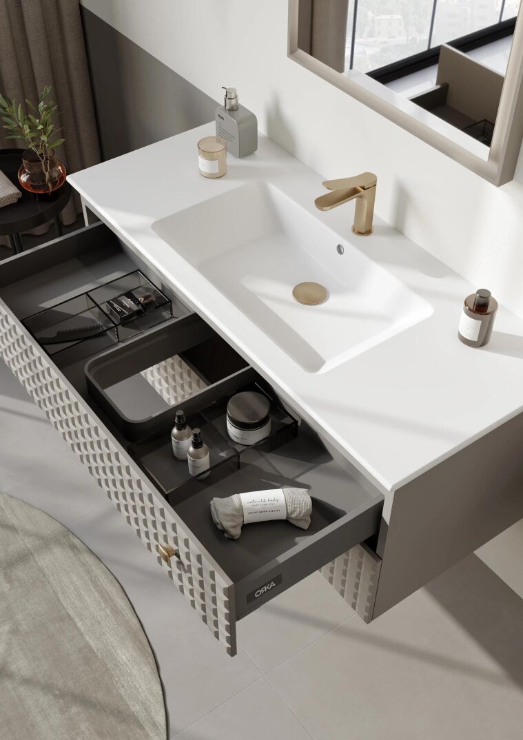 Orka Lipari Asma Banyo Dolabı Takımı, 120 cm, Mat Vizon Lake (Altın Kulp-Ledli Ayna), 5007309 - 5