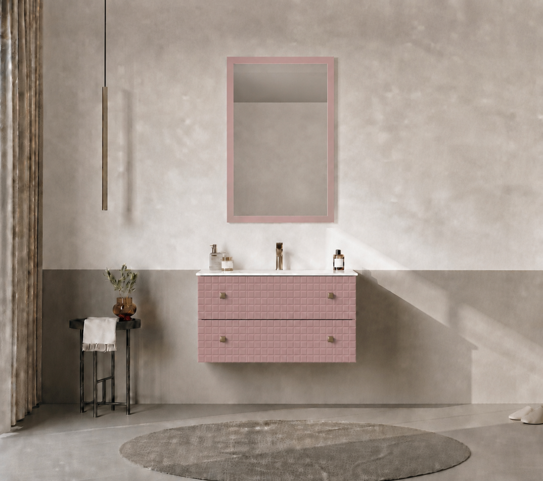 Orka Lipari Asma Banyo Dolabı Takımı, 80 cm, Mat Pudra Lake (Altın Kulp-Ledli Ayna), 5009005 - 1