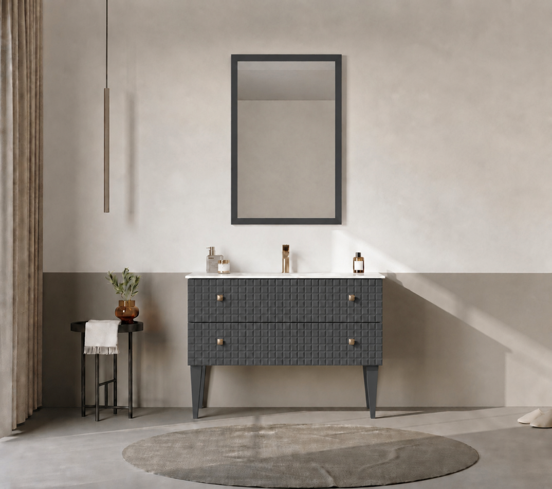 Orka Lipari Ayaklı Banyo Dolabı Takımı, 100 cm, Mat Antrasit Lake (Altın Kulp-Ledli Ayna), 5007344 - 1