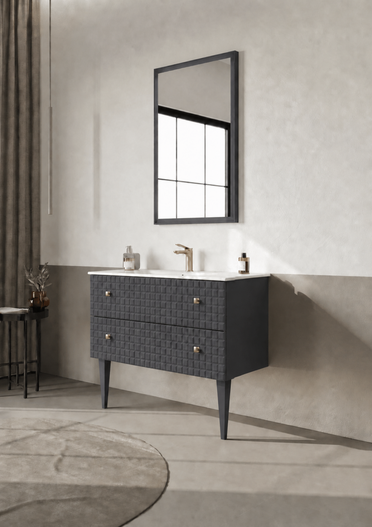 Orka Lipari Ayaklı Banyo Dolabı Takımı, 100 cm, Mat Antrasit Lake (Altın Kulp-Ledli Ayna), 5007344 - 3