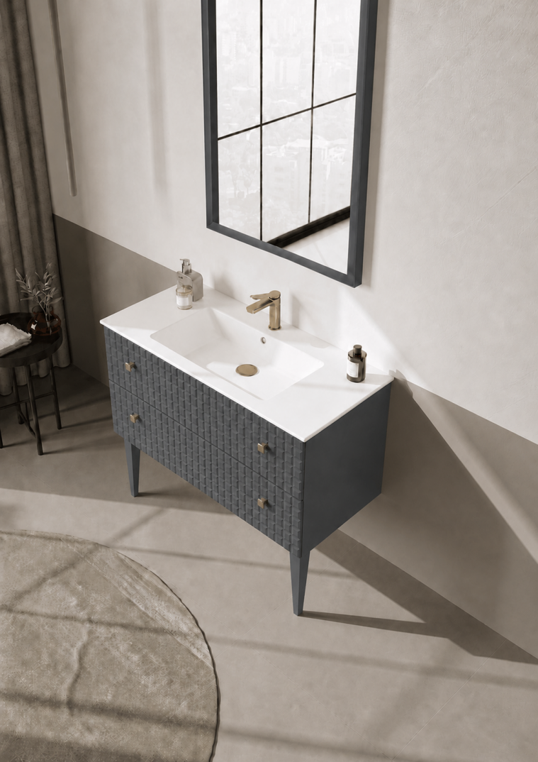 Orka Lipari Ayaklı Banyo Dolabı Takımı, 100 cm, Mat Antrasit Lake (Altın Kulp-Ledli Ayna), 5007344 - 4