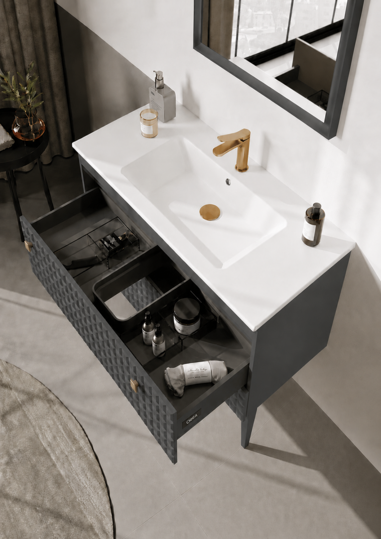 Orka Lipari Ayaklı Banyo Dolabı Takımı, 100 cm, Mat Antrasit Lake (Altın Kulp-Ledli Ayna), 5007344 - 5