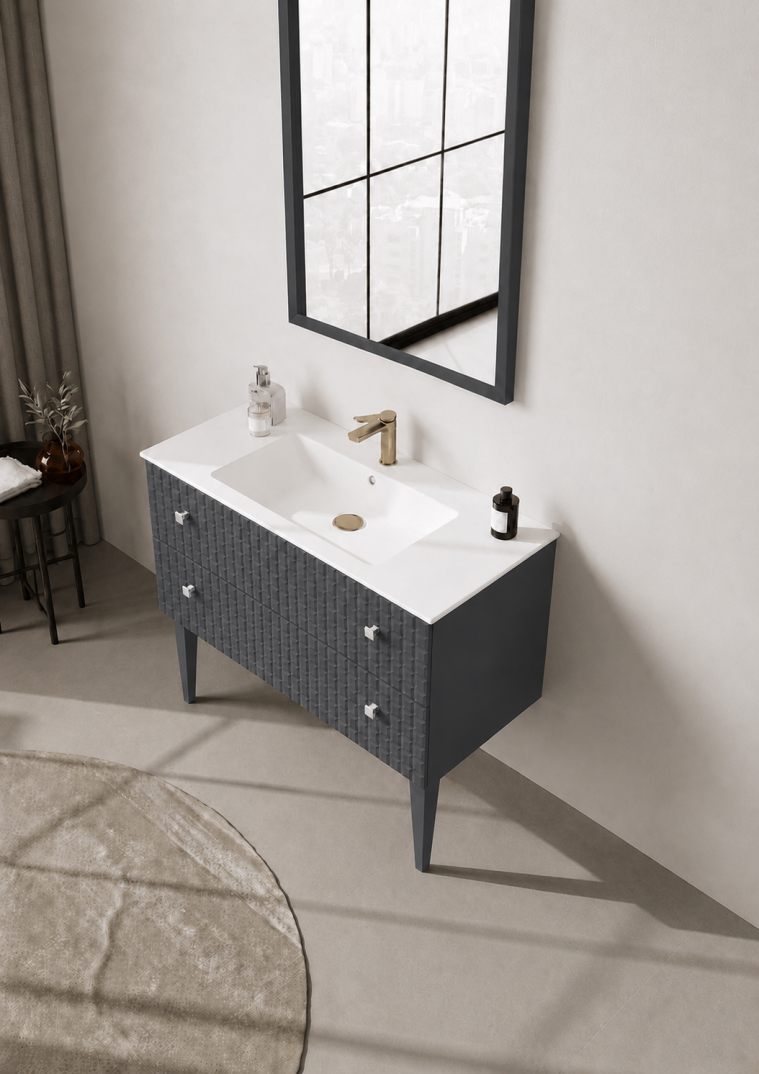 Orka Lipari Ayaklı Banyo Dolabı Takımı, 100 cm, Mat Antrasit Lake (Krom Kulp-Ledli Ayna), 5007347 - 4