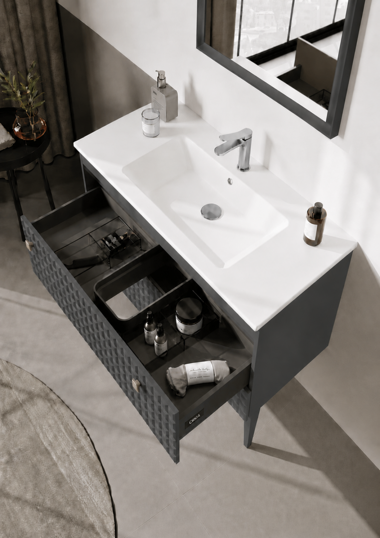 Orka Lipari Ayaklı Banyo Dolabı Takımı, 100 cm, Mat Antrasit Lake (Krom Kulp-Ledli Ayna), 5007347 - 5