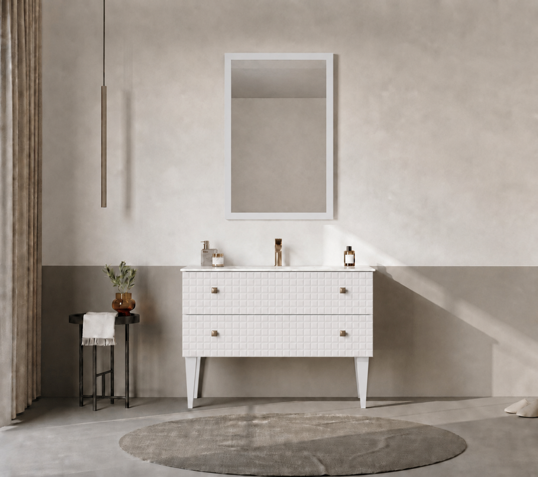 Orka Lipari Ayaklı Banyo Dolabı Takımı, 100 cm, Mat Beyaz Lake (Altın Kulp-Ledli Ayna), 5007342 - 1