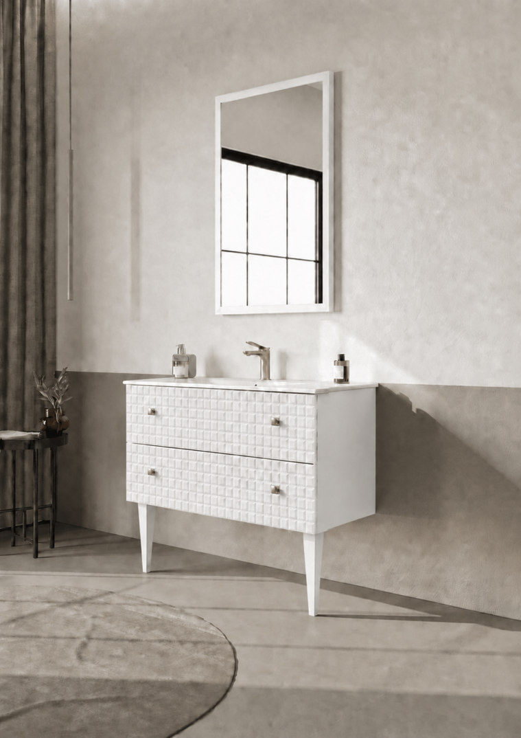Orka Lipari Ayaklı Banyo Dolabı Takımı, 100 cm, Mat Beyaz Lake (Altın Kulp-Ledli Ayna), 5007342 - 3