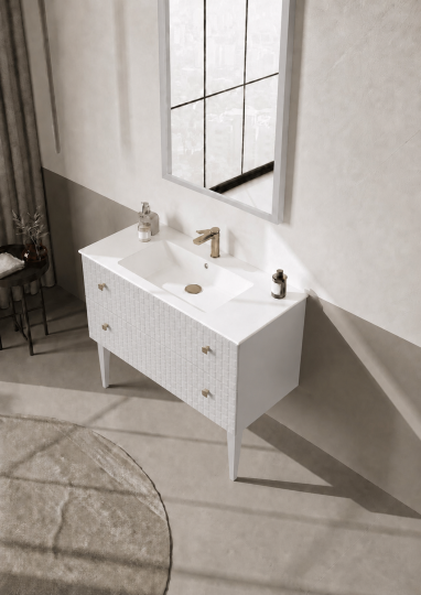 Orka Lipari Ayaklı Banyo Dolabı Takımı, 100 cm, Mat Beyaz Lake (Altın Kulp-Ledli Ayna), 5007342 - 4