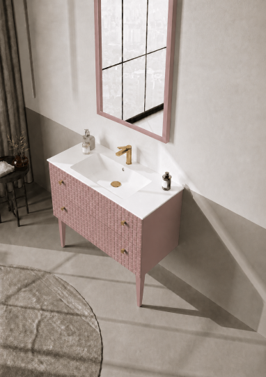 Orka Lipari Ayaklı Banyo Dolabı Takımı, 100 cm, Mat Pudra Lake (Altın Kulp-Ledli Ayna), 5008583 - 4