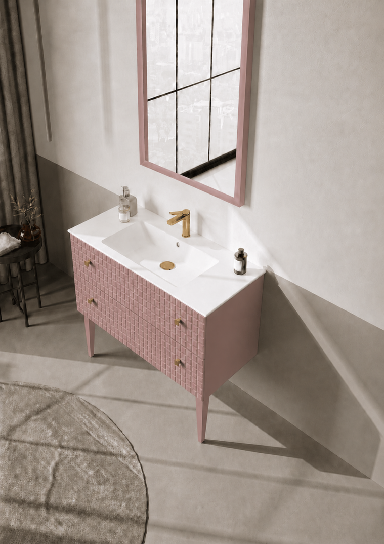 Orka Lipari Ayaklı Banyo Dolabı Takımı, 100 cm, Mat Pudra Lake (Altın Kulp-Ledli Ayna), 5008583 - 4