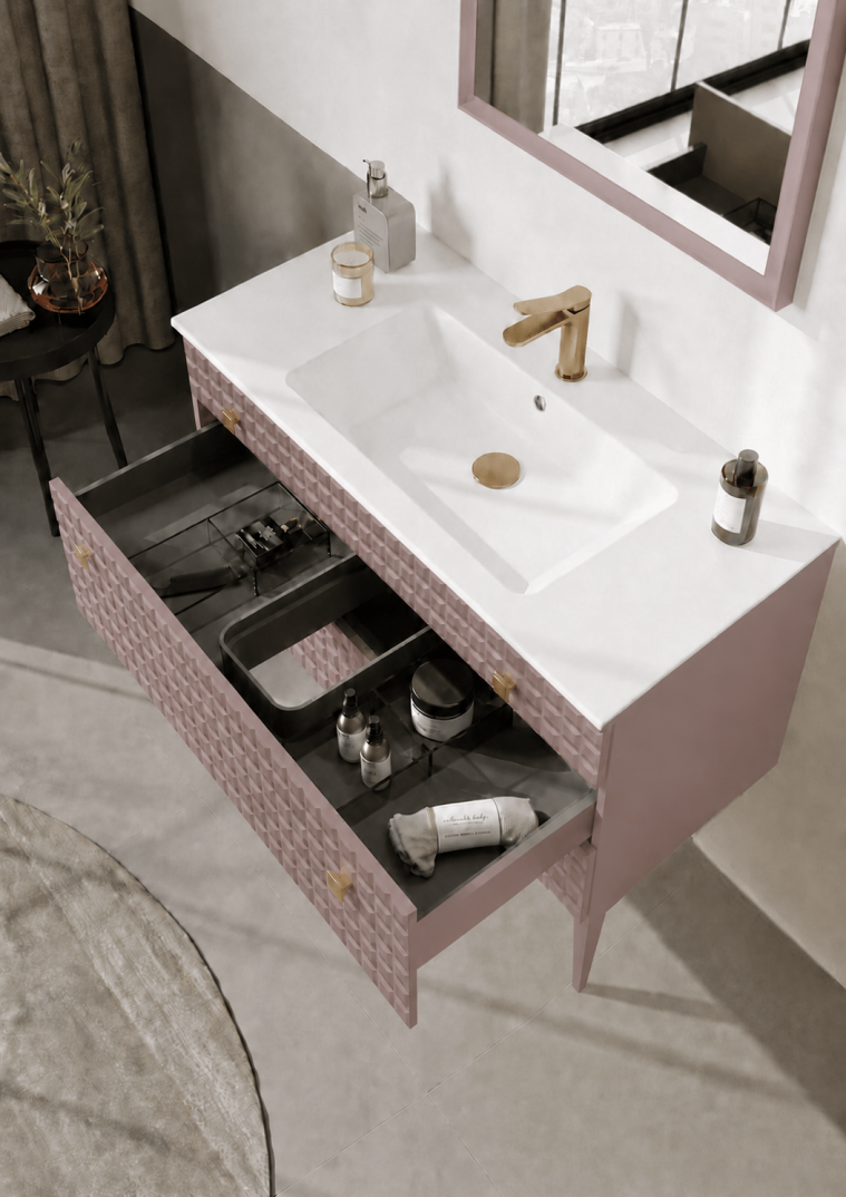Orka Lipari Ayaklı Banyo Dolabı Takımı, 100 cm, Mat Pudra Lake (Altın Kulp-Ledli Ayna), 5008583 - 5