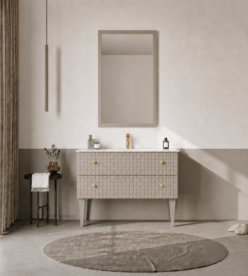 Orka Lipari Ayaklı Banyo Dolabı Takımı, 100 cm, Mat Vizon Lake (Altın Kulp-Ledli Ayna), 5007343 - 2