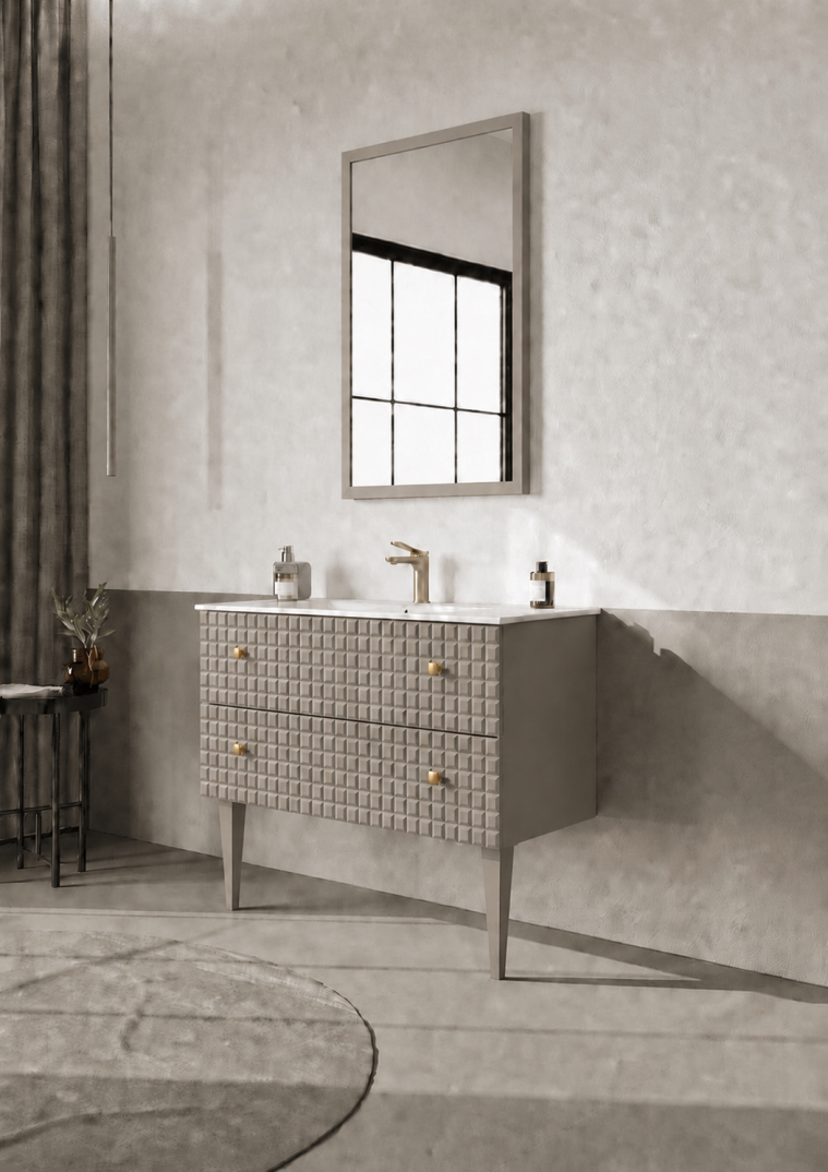 Orka Lipari Ayaklı Banyo Dolabı Takımı, 100 cm, Mat Vizon Lake (Altın Kulp-Ledli Ayna), 5007343 - 3