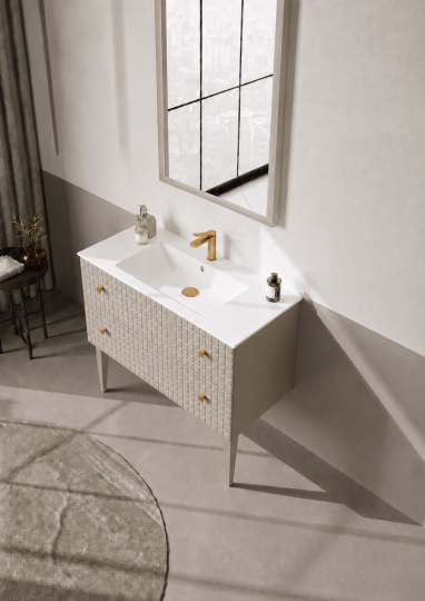 Orka Lipari Ayaklı Banyo Dolabı Takımı, 100 cm, Mat Vizon Lake (Altın Kulp-Ledli Ayna), 5007343 - 4